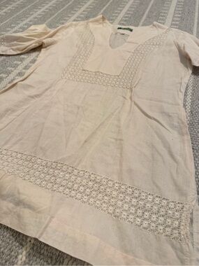 Artisanal Emblished Cream Linen Tunic Blouse with Geometric Lace Detail
